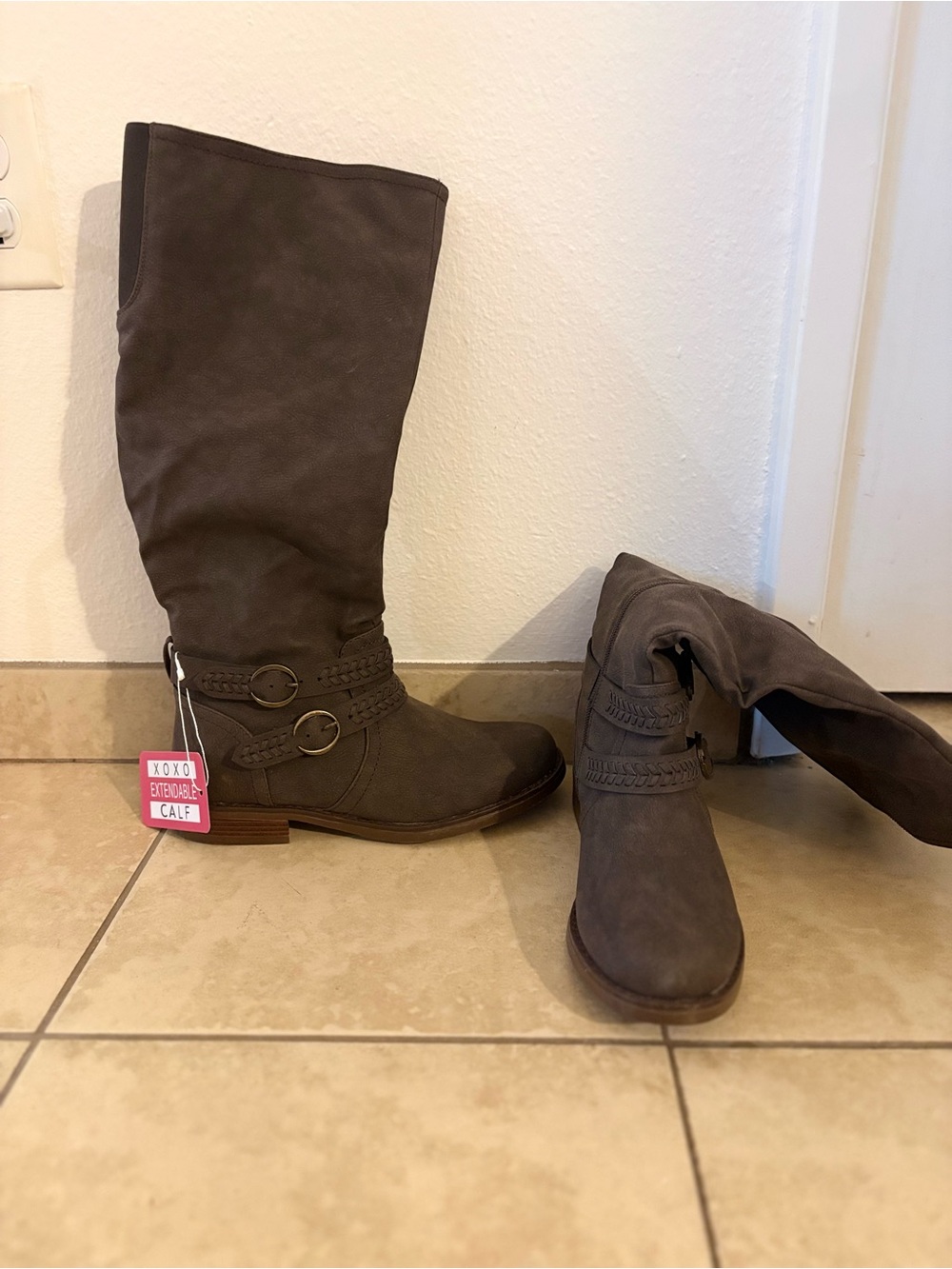 XOXO Gray Tall Riding Boots with Braided Straps